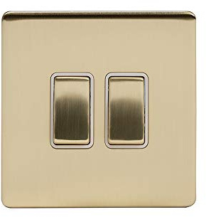 Soho Lighting Brushed Brass Gold 10A 2 Gang 2 Way Light Switch White Insert Screwless