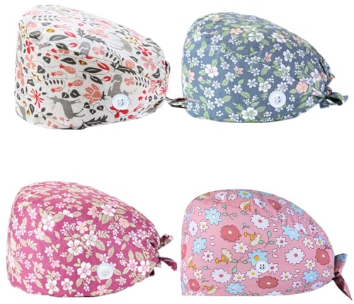 SIMYJOY 4 Stücke Schrubben Kappe Bedruckte Hut mit Knopf und Baumwolle Schweißband Verstellbare Füllig Haarabdeckung Unisex Doktor Kappe