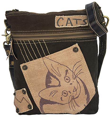 Sunsa Damen Tasche mit Katzenmotiv. Vintage Stil Umhängetasche aus Canvas & Leder. Nachhaltige Produkte. Schultertasche für Katzenliebhaber. Crossover bag mit viel Fächer