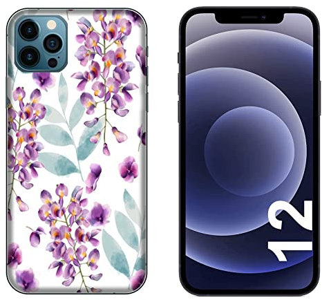 Generico Cover compatibile con Cover Apple iPhone 12 Foglie Viola e Azzurro/Gel di silicone morbido TPU