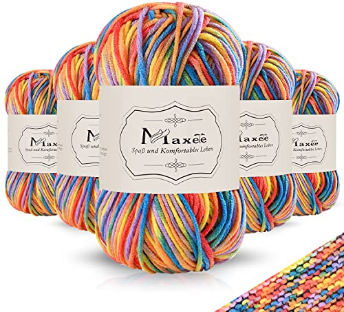 Maxee Handstrickgarn, 5x50 g Häkelgarn, Bunt Farbverlauf Acrylgarn zum Stricken, Weicher Wolle zum Häkeln, Mehrfarbiges Garn zum Stricken Häkeln und Basteln