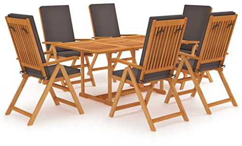 vidaXL Set de Comedor para jardín 7 Piezas Teca Maciza y Cojines Gris