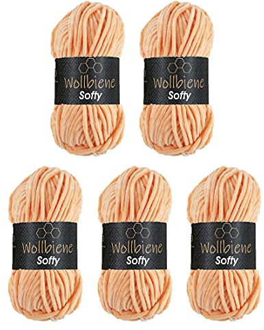 Wollbiene Softy 5 x 100 Gramm Chenille-Wolle Strickwolle, Babywolle, 500 Gramm Chenille Wolle Super Bulky (apricot 90)