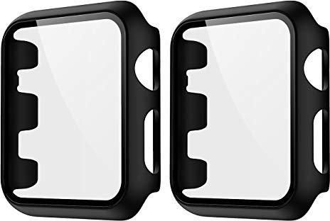 HANKN 2 Pack Hard Case for Apple Watch Series 3 2 1 38mm Tempered Glass Screen Protector Case, Full Coverage PC Shell Ultra-thin Shockproof Iwatch Bumper Cover (Matte Black x 2, 38 mm)