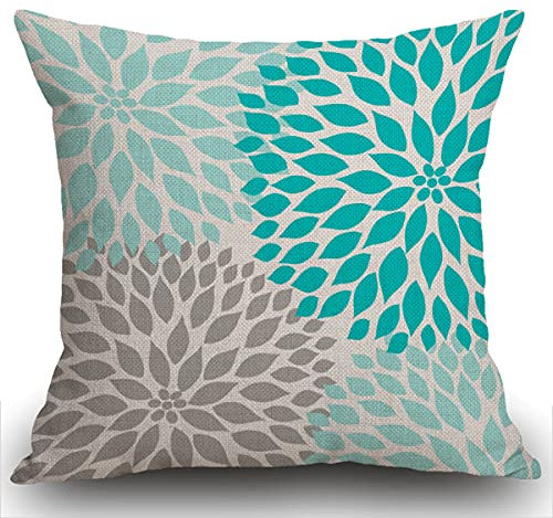Smooffly Cushion Cover Teal White Turquoise Blue Gray Dahlia Mod Baby Decorative Pillow Case Home Decor Throw Pillow Cover Square 18 x 18 Inch Pillowcase 45X45CM