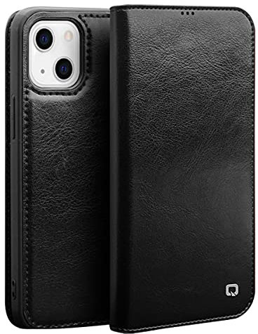 Yidai-Silu iPhone 13 Cowhide Money Holder 【3 Card Slots, Handmade, Classics】 Real Leather Wallet Flip Case Shockproof TPU Phone Folio Cover for iPhone 13 - Black&B