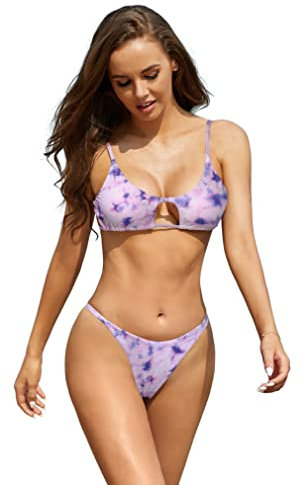 SHEKINI Costume da Bagno Donna Due Pezzi Ties-up Halter Triangolo Bikini Top Costumi Due Pezzi Donna Brasile Perizoma Cutout Bikini Fondo da Spiaggia(S,Rosa Viola)