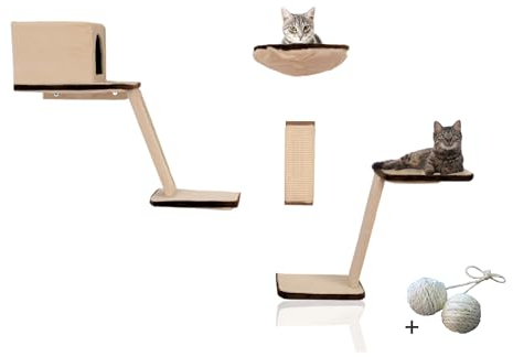 Rohrschneider 8-teiliges Kletterwand-Set für Katzen inkl. 2 Spielkugeln, Beige/Braun - Platzsparend & Unterhaltsam