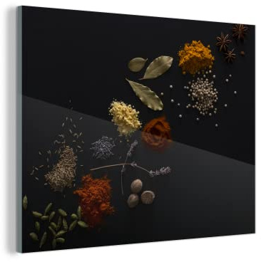 MuchoWow Glasbild Glasfoto Wandbild Bilder Deko 80x60 cm Kräuter - Schwarz - Gewürze - Küche - Kochen