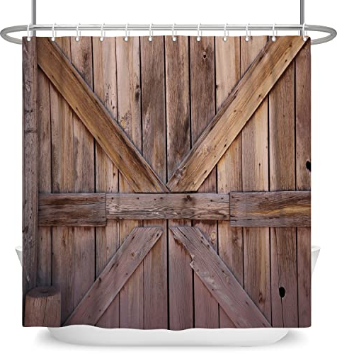 SDOTPMT 90x183cm Bois Sol Rideau de Douche Rustique Marron Bois Dur Ancien Planche Planche Rideau de Bain Rural Ferme Grange Porte Rideau de Baignoire pour Salle Bains Polyester avec Crochets