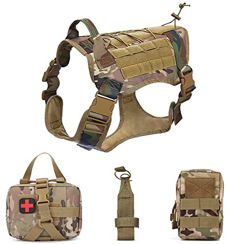 ALLSOPETS Hundegeschirr mit MOLLE System Geschirr für Mittel- und Große Hunde mit Wasserflaschentasche Erste-Hilfe-Tasche und Mehrzwecktasche (Tarnfarbe, XL)
