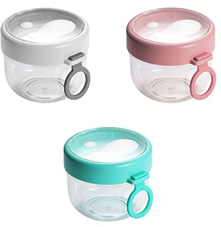 KEEMEN 3 Pack 600ml Overnight Oat Containers with Lids and Spoons, Portable Leakproof Plastic Cereal Cups Yogurt Breakfast On the Go Cups Oatmeal Jars Snack Containers for Food Storage