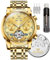 OLEVS Automatische Herrenuhr Tourbillon Selbstaufzug Mechanik Luxus Business Edelstahlband Leuchtende Wasserdichte Armbanduhr, 6607-Gold Gürtel und goldenes Gesicht, Modern