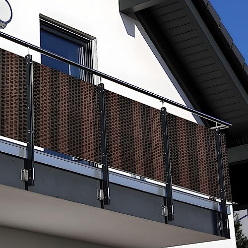 NYVI Polyrattan Balkon Sichtschutz Privafence 90x500 cm Braun & Schwarz - Balkonbespannung mit Metallösen - UV-fest, Witterungsbeständig, 100% Blickdicht - Balkonumspannung Balkonumrandung 0.9x5 cm