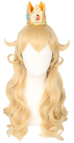 Topcosplay Cosplay Princess Peach Perücke mit Krone für Mädchen Lang Lockig Gelb Princess für Fasching Karneval Halloween Party (Mädchen)