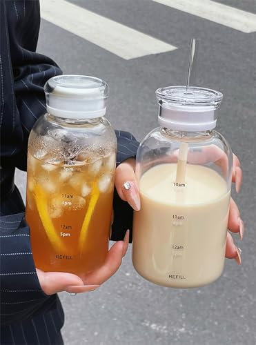 WARMSIMPLE Glas-Wasserflaschen mit doppeltem Deckel, transparente Wasserflasche mit Zeitmarkierung, Wasserflasche mit Strohhalm, runde Wasserflasche für Milch, Saft, Kaffee (550 ml, weiß)