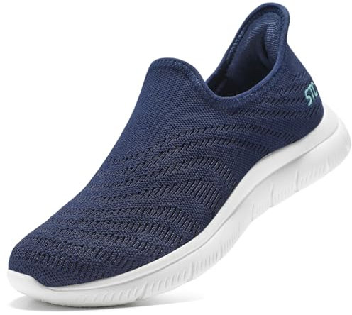 STQ Zapatos Mujer Casual Sin Cordones Non Slip Ligero Malla Transpirable Zapatillas Slip-on para Ancianos Azul Oscuro 39.5 EU/8 US