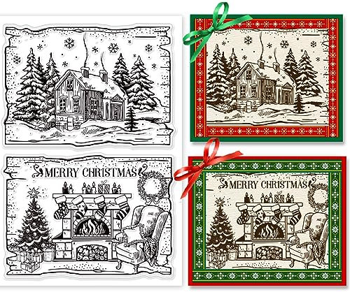 BEUNITONE Weihnachtshaus-Silikon-Stempel - Winterwaldhaus Transparenter Gummistempel für Weihnachtshintergrund, Frohe Weihnachten und Weihnachtsbaum - Für Kartenherstellung