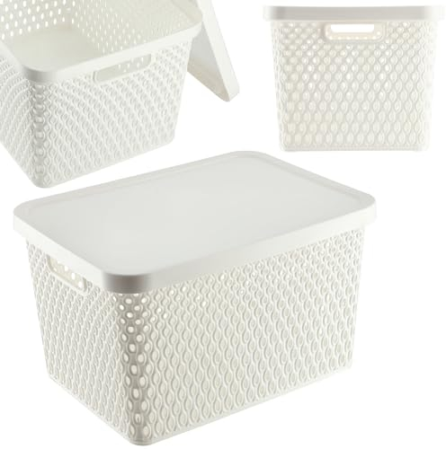 KADAX Storage Basket, Basket with Lid, Storage Box, Plastic Storage Box, Modern Shelf Basket, Container with Ventilation Holes (18 L, White)