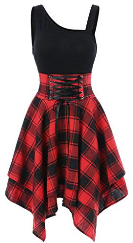 AI 2024 Frauen Ärmellose Kalte Schulter Lace Up Plaid Print Unregelmäßiges Kleid Formale Kleid mit Jacke, rot, Medium