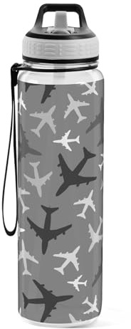 Sports Water Bottle Airplanes Grey Tritan Drinking Bottle with Straw Large 1000ml BPA-Free Clear Leakproof for Kids Boys Girls Women Men Gym School