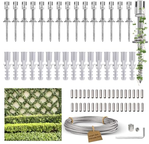 Krovtoy Treillis Support pour Plantes grimpantes, kit Complet en Acier Inoxydable avec Supports muraux et Corde de 3 mm, 16 Supports, Corde de 24 m