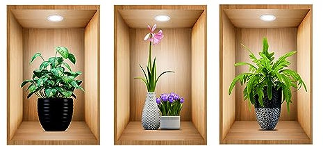 3D - Adesivo da parete 3D, 3 vasi, motivo piante verdi, autoadesivo, da parete, per soggiorno, camera da letto, bagno, cucina, ufficio (30 x 45 cm B)