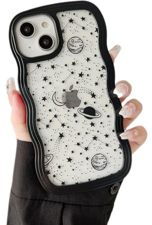 ZTOFERA Hülle für iPhone 13/14, Klar Schutzhülle mit Planeten Sterne Mond Muster, Harte PC Buntes Niedliche Lockige Wellen Rahmenform Weiche Silikon Hülle Stoßfest Bumper Cover, Schwarz