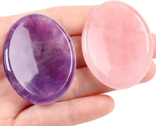 Pierres de Guérison 2PCS Pierres de Cristal de Guérison pour l'anxiété, le stress et la méditation, Porte Bonheur, Massage et Relaxation,cristal rose, pierre d'améthyste