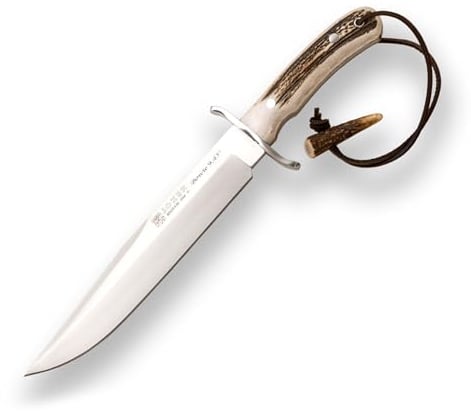 Joker Bowie Jagdmesser 9,45” CC139 mit Edelstahl-Schutz, Hirschhorngriffen, gerader Klinge von 23,5 cm, 554 gr, brauner Lederscheide, Werkzeug zum Angeln, Jagen, Campen und Wandern