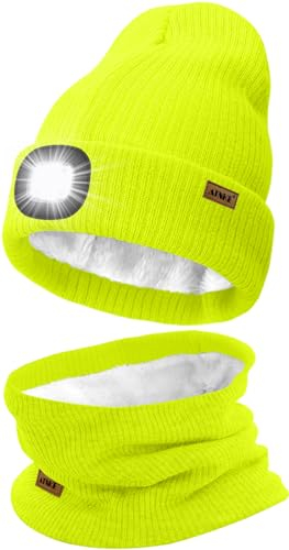 ATNKE LED Mütze mit Licht und Schal Set, Wiederaufladbare USB 4 LED Beleuchtete Laufmütze Winter Warme Gefütterte Fleece Halsschlauch und Stricken Mütze für Herren und Damen Geschenke/FluoresceYellow