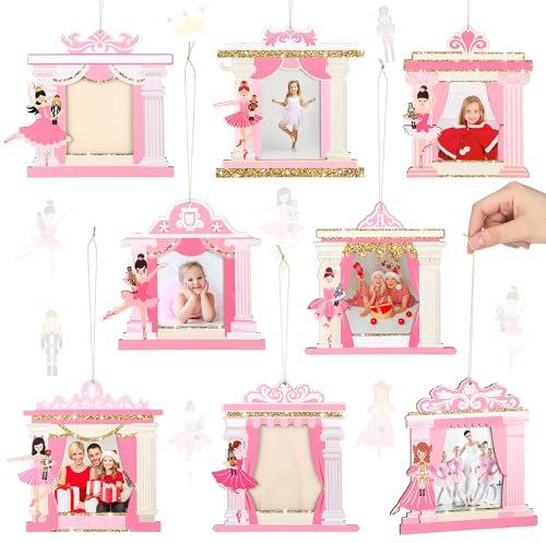 Namalu 8 Pcs Mini Ballet Nutcracker Picture Frames - Wooden Nutcracker Christmas Ornaments with Pink Dancer Girl, Xmas Hanging Photo Frames for Holiday Presents and Tree Decoration