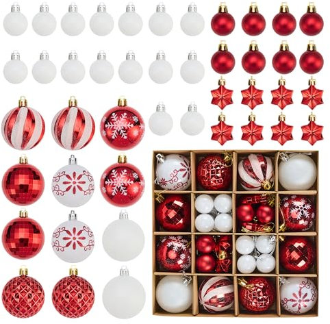 Weiß und Rot Weihnachtskugeln Kunststoff Set, 44 Stück Weihnachtsbaumschmuck Christbaumkugeln Deko Weihnachten Weihnachtsbaumkugeln Plastik Weihnachtsschmuck