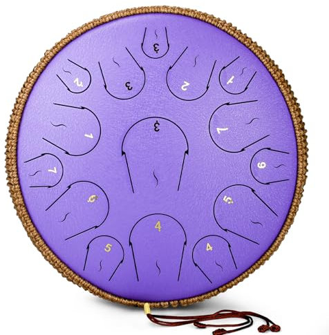 Steel Tongue Drum - 14 Zoll 15 Note Tongue Drum - Hand Pan Drum mit Notenbuch, Handpan Schlägel und Tragetasche, C-Dur, Lila