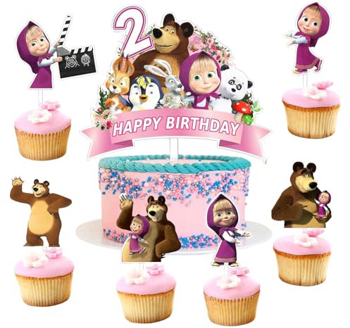 Mädchen Und Der Bär Tortendeko,Mädchen Und Der Bär 2.Geburtstag Deko,7Pcs Küchendeko Mädchen Und Der Bär,Mädchen Und Der Bär Tortenaufleger Kinder,Kindergeburtstag Cake Topper.