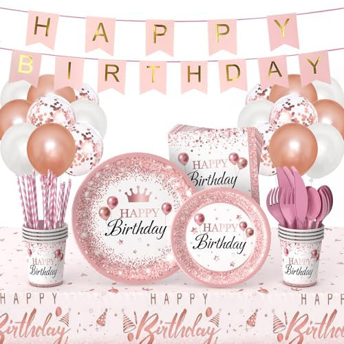 Rose Gold Birthday Party Plates Set 212Pcs Pink Birthday Disposable Dinnerware Pink Girls Birthday Party Plates Napkins Sets with Birthday Banners Cups Forks knives Spoons Tablecloth Balloons Serve 24
