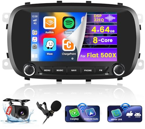 Hikity 8 Core 4G+64G Car Radio per Fiat 500X 2014-2020 Wireless Carplay Android Auto, Android 13 Autoradio 7 Pollici Stereo Auto con GPS 32EQ WIFI Bluetooth FM RDS SWC MIC Telecamera Posteriore