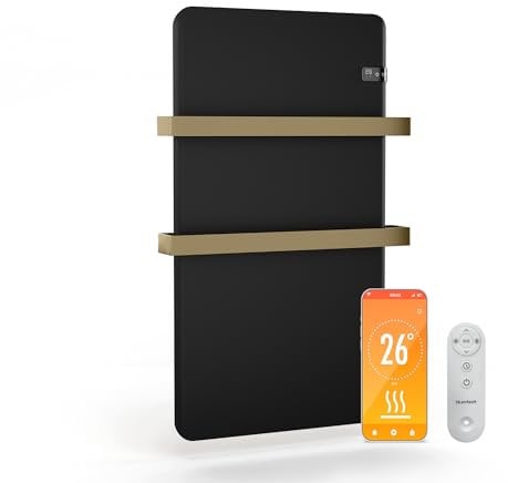 blumfeldt Infrarotheizer 500 W - Wandmontage, IP24, Mit Thermostat & App-Steuerung, Touch-Panel, Timer, Für Badezimmer, Heizt & Wärmt Handtücher, Schwarz, 0-37 °C, Für Räume bis 10 m²