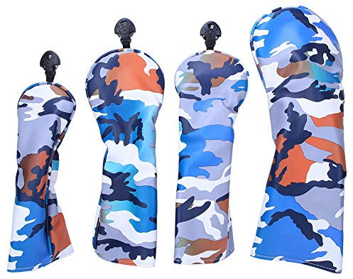 equlup Golfschlägerhauben aus PU-Leder, 4 Stück Golf Driver FW Holz Hybrid Schlägerhaube Golf Blade Putter Hülle Golfschlägerhüllen für Golfbegeisterte (Camouflage Blue)