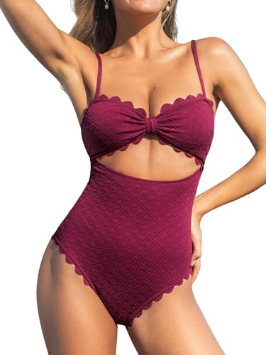 CUPSHE Women's One Piece Swimsuit Sexy Cutout Scallop Trim Bathing Suit Burgundy Red L