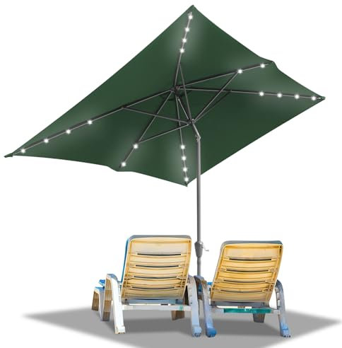 Ollewiellan Sonnenschirm LED Solar 300 x 200 cm Grün mit Kurbel | Sonnenschirm Rechteckig Ampelschirm Gartenschirm Terrassenschirm Sonnenschutz UV50+, Knickbar wasserdicht für Garten, ohne Ständer