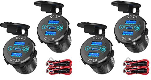Reinscer 4x QC 3.0 PD3.0 Triple USB Car Charger 12V 24V 60W USB-C Multiple Fast Charger with Switch