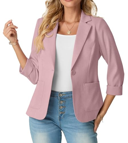 GRECERELLE Womens Blazer Suit Elegant 3/4 Sleeve Notch Lapels Collar Jackets Business Work Office Cardigans Jacket Suiting & Blazers with Pockets Button for Ladies (Pink, 10)