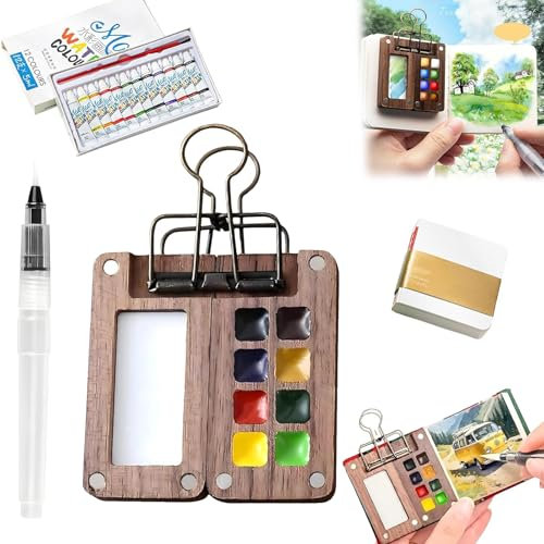 Kit aquarelle, coffret aquarelle portable de voyage - Mini kit de peinture 12 couleurs avec palette en bois, sac de rangement et pince métallique, pour artistes (Huit couleurs)