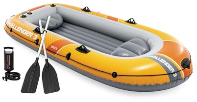 INTEX 66313EP Challenger 3 Inflatable Boat Set: Includes Deluxe 54in Aluminum Oars and High-Output Pump – Triple Air Chambers – Welded Oar Locks – 3-Person – 660lb Weight Capacity