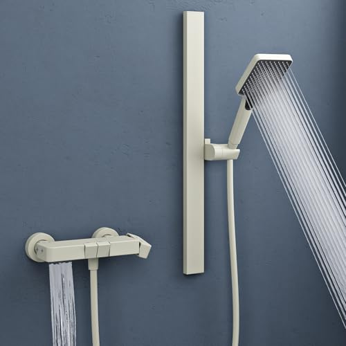 doporro Duschsystem mit Regendusche, Duscharmatur Komplettset Cremeweiß | Duschgarnitur mit Regendusche aus Aluminium, Dusche komplett 3 Strahlarten, höhenverstellbar Duschbrause Thermostat Arvexa-02