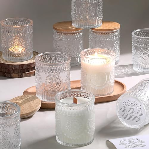 LETINE 10 Stück Klar Kerzengläser zum Befüllen, 220 ml, Keine Kerze | Dickes Glas Kerzengläser mit Deckel, Kerzen Selber Machen Set, Blumenmuster Kerzenglas mit 10 Warnetiketten