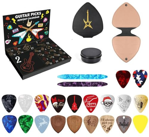 Gitarre Plektren Adventskalender – 24-tägliche musikalische Weihnachtszählung mit Plektren und Plektrenhalter, elektrisches Gitarren-Plektrum-Set for Gitarren-, Bass- und -Spieler
