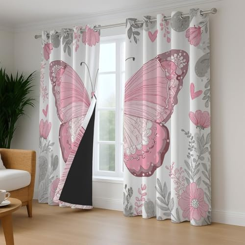 Generisch Grommet Curtain Rosa Weiß Illustration Verdunklungsvorhänge Cartoon Niedlich Schmetterling Blickschutz Mikrofaser Thermo vorhänge für Kinder Gardinen 2er Set H245 x B140 cm