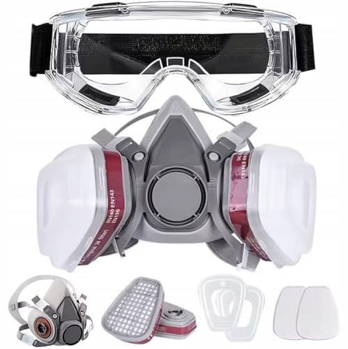 6200 PRO Set Halbmaske Atemschutz – Silikonmaske mit Filtergehäusen, 2 Baumwollfilter, 2 Filterabdeckungen, Schutzbrille | Lackieren, Industrie, Chemie